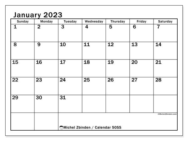 Printable January 2023 calendar. Monthly calendar “50SS” and free planner to print