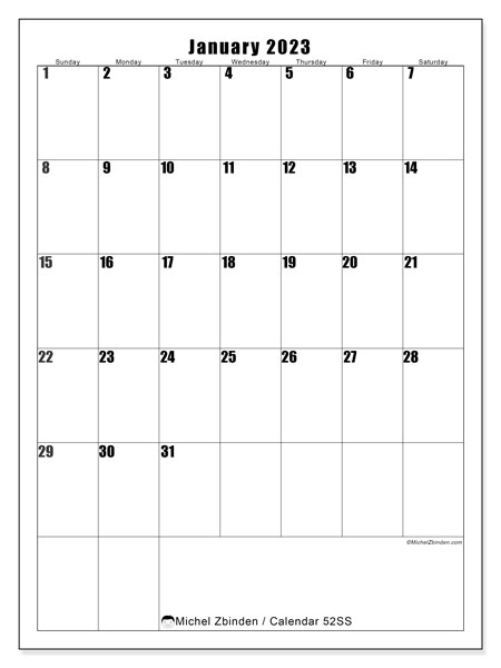 Printable calendar, January 2023, 52SS