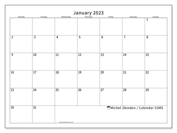 Calendar 53MS, January 2023, to print, free. Free agenda to print