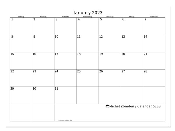 Printable January 2023 calendar. Monthly calendar “53SS” and free printable agenda
