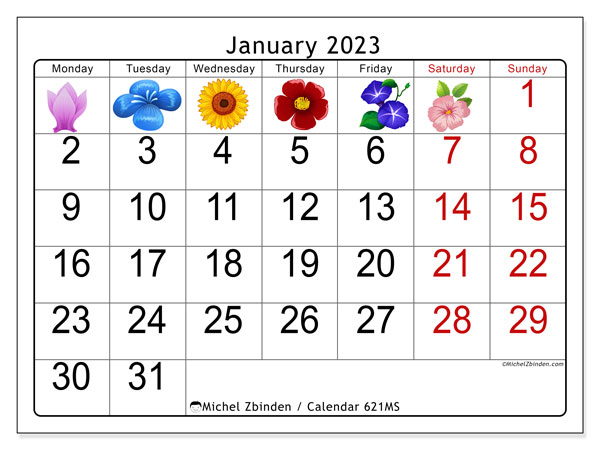 Calendar 621MS, January 2023, to print, free. Free timetable to print