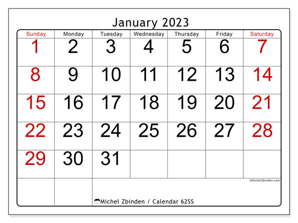 Printable calendar, January 2023, 62MS