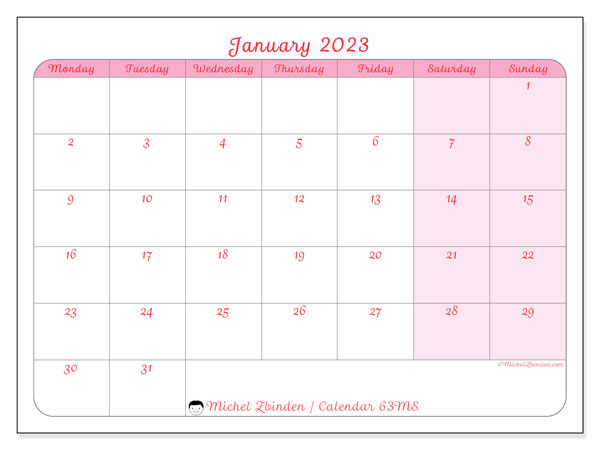 Calendar 63MS, January 2023, to print, free. Free printable timetable