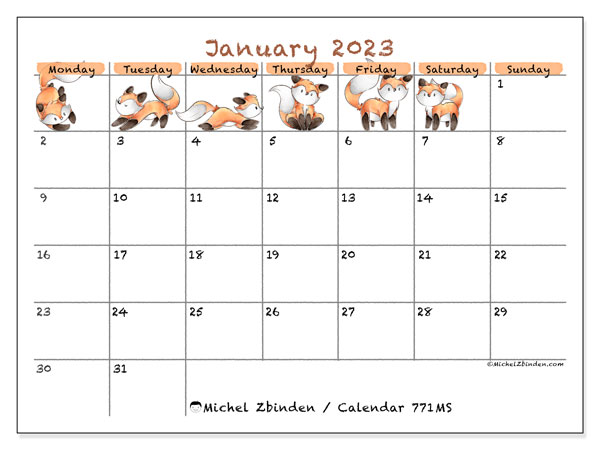 Printable January 2023 calendar. Monthly calendar “771MS” and free schedule to print