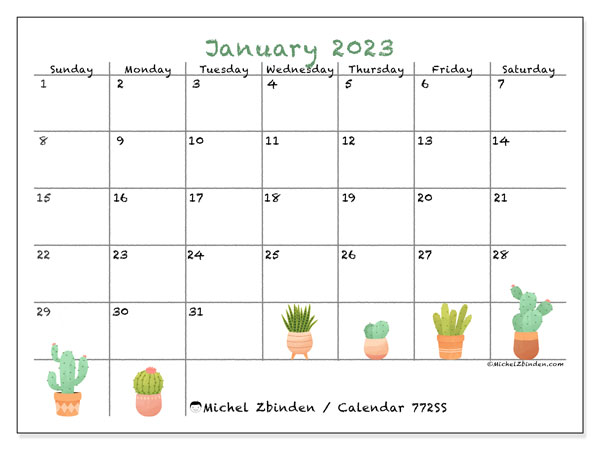Printable January 2023 calendar. Monthly calendar “772SS” and free planner to print