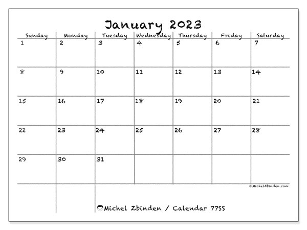 Printable January 2023 calendar. Monthly calendar “77SS” and free planner to print