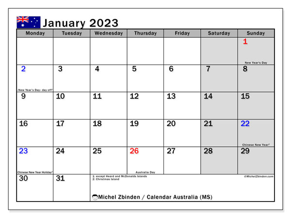 Printable calendar, January 2023, Australia (MS)