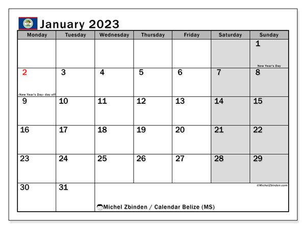 Calendar with Belize public holidays, January 2023, for printing, free. Free program to print