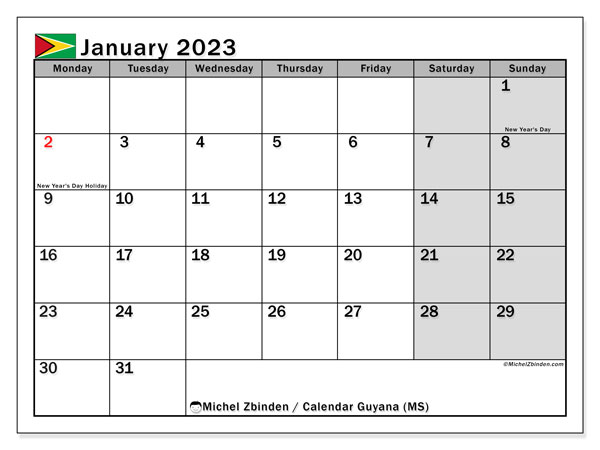 Calendar with public holidays in Guyana, January 2023, for printing, free. Free printable planner