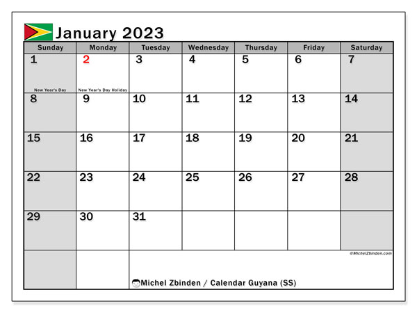 Printable calendar, January 2023, Guyana (SS)