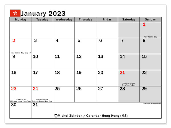 Calendar January 2023 Hong Kong MS Michel Zbinden HK
