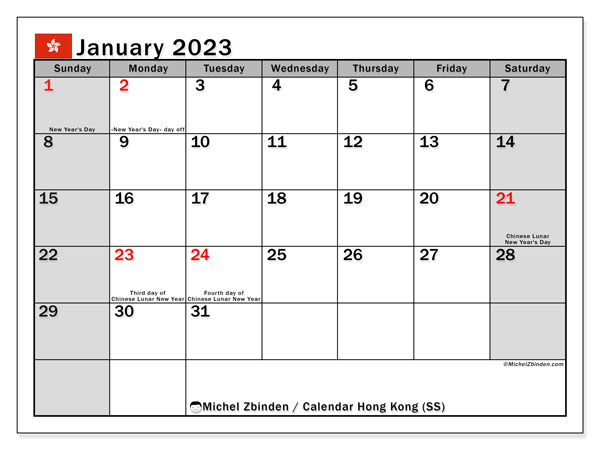 Printable calendar, January 2023, Hong Kong (SS)