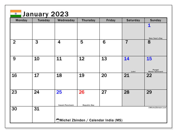 Printable calendar, January 2023, India (MS)