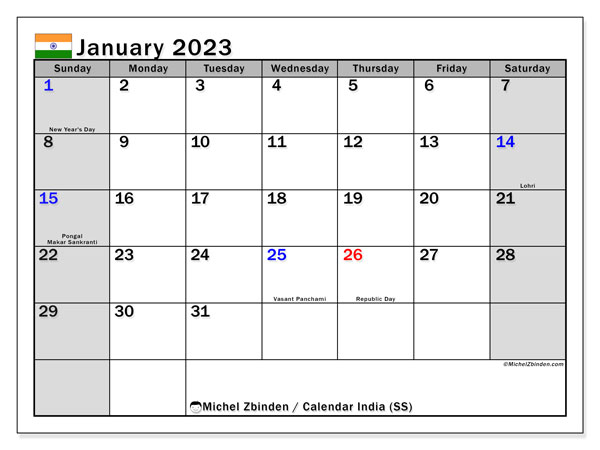 Printable calendar, January 2023, India (SS)