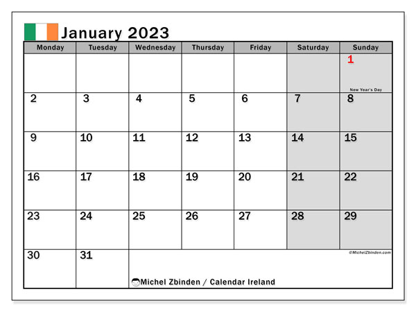Printable calendar, January 2023, Ireland