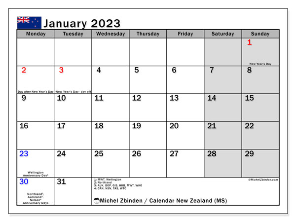 Printable calendar, January 2023, New Zealand (MS)