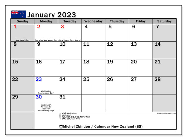 Printable calendar, January 2023, New Zealand (SS)