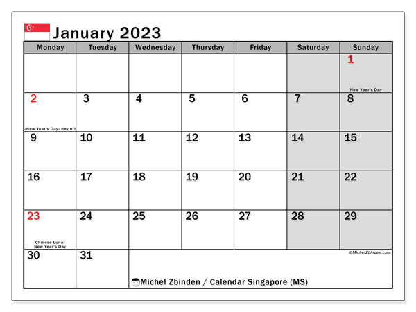 Printable calendar, January 2023, Singapore (MS)