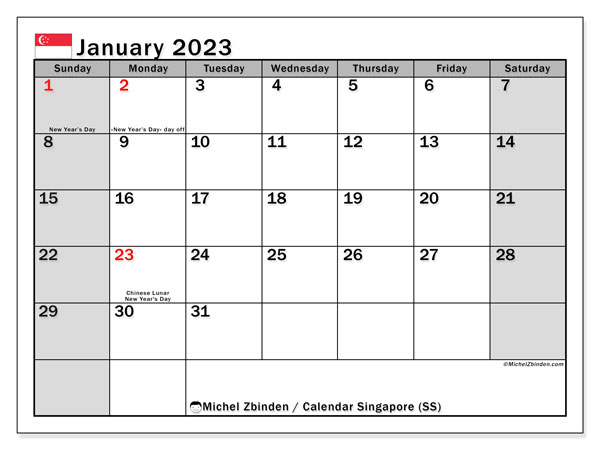 “Singapore (SS)” printable calendar, with public holidays. Monthly calendar January 2023 and bullet journal to print free.