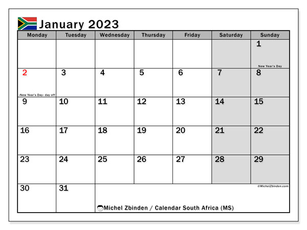 Printable calendar, January 2023, South Africa (MS)