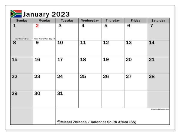 Printable calendar, January 2023, South Africa (SS)