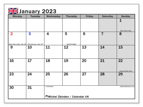 Calendar with UK public holidays, January 2023, for printing, free. Free planner to print