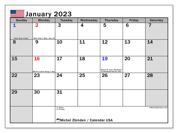 Printable calendar, January 2023, United States