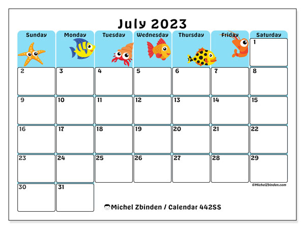 Printable calendar, July 2023, 442SS