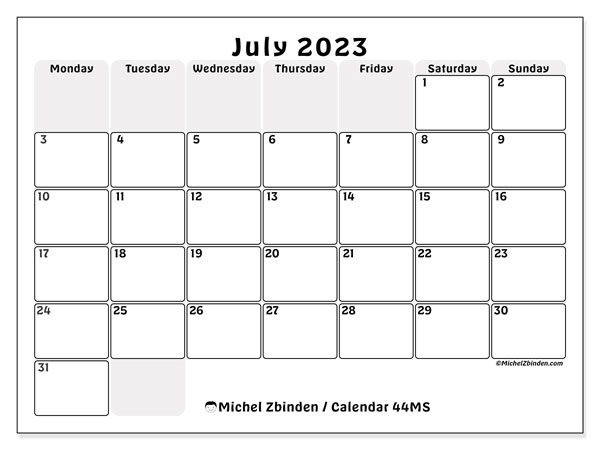 Printable July 2023 calendar. Monthly calendar “44MS” and free timetable to print