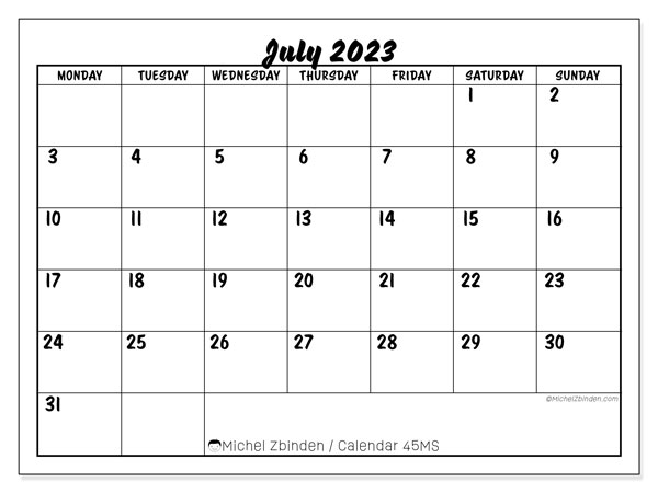 Calendar July 2023, 45MS. Free printable program.