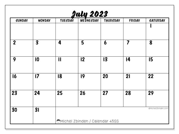 Printable calendar, July 2023, 45SS