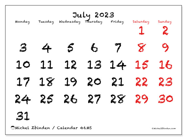 Printable calendar, July 2023, 46MS