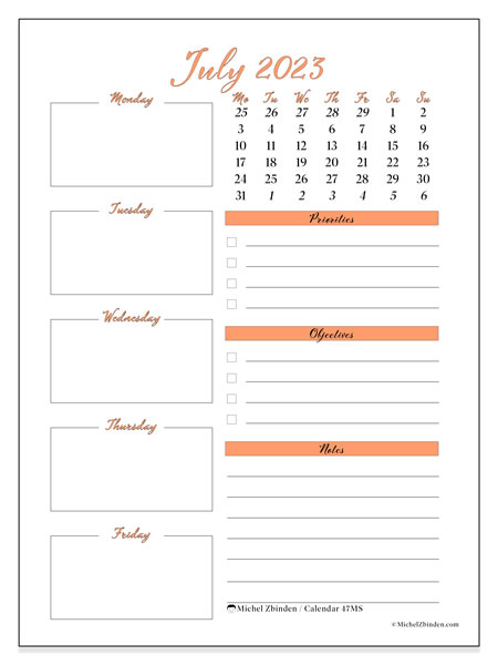 Printable July 2023 calendar. Monthly calendar “47MS” and free timetable to print