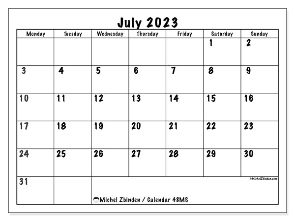 Printable July 2023 calendar. Monthly calendar “48MS” and free printable timetable
