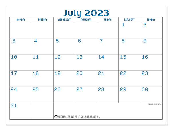 Calendar July 2023, 49MS. Free printable calendar.