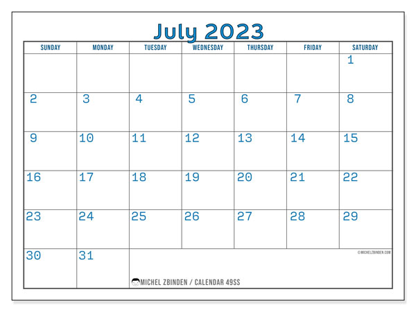 Printable calendar, July 2023, 49SS