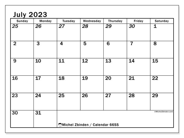 Printable calendar, July 2023, 501SS