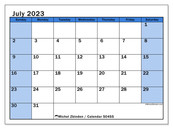 Printable calendar, July 2023, 504SS