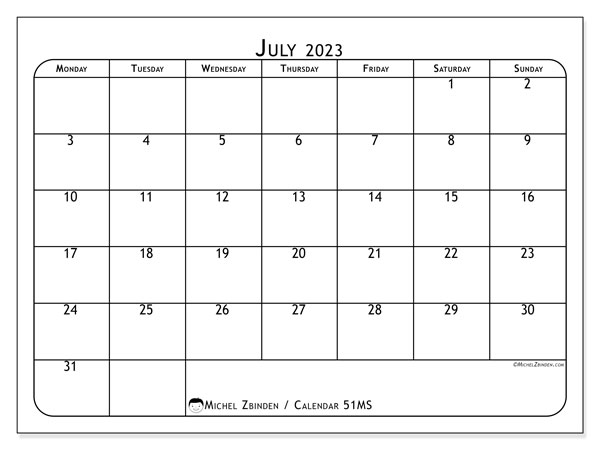 Printable calendar, July 2023, 51MS