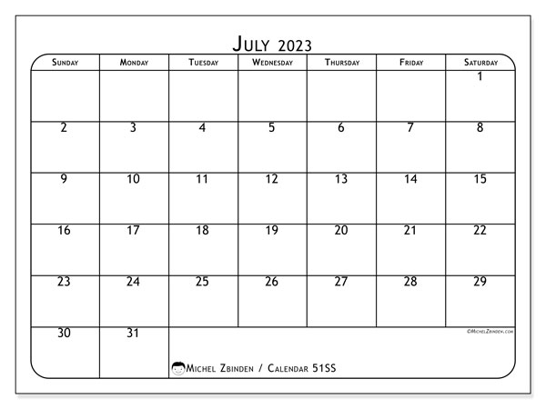 Printable calendar, July 2023, 51SS