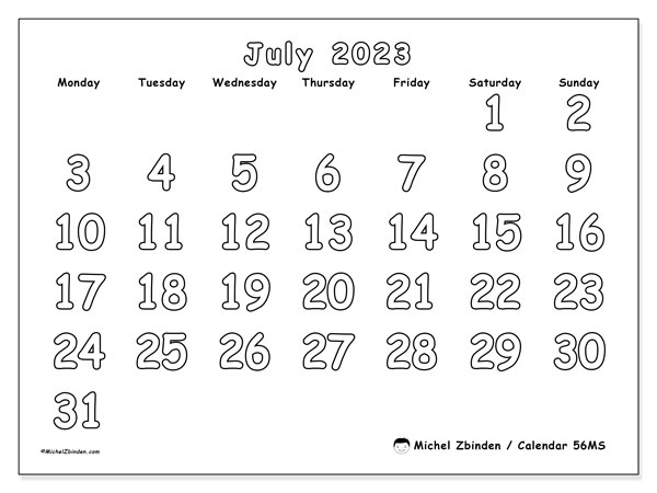 Printable July 2023 calendar. Monthly calendar “56MS” and timetable to print free