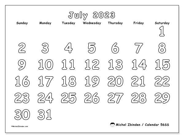 Calendar July 2023, 56SS. Free printable calendar.