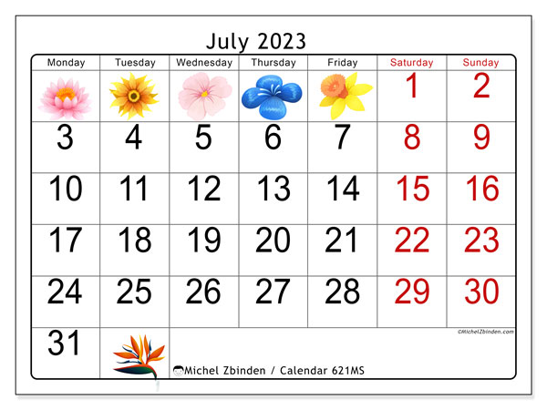 Calendar July 2023, 621MS. Free printable program.