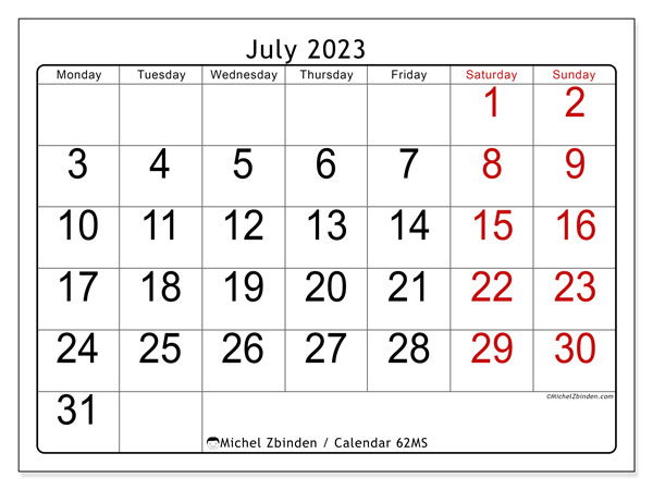 Calendar July 2023, 62MS. Free printable calendar.
