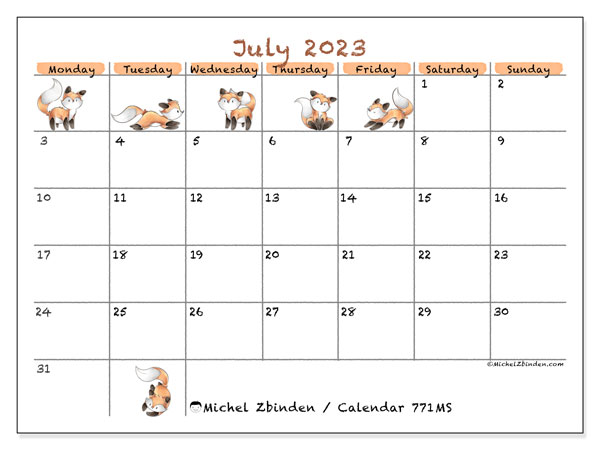 Calendar July 2023 “771”. Free printable calendar.. Monday to Sunday