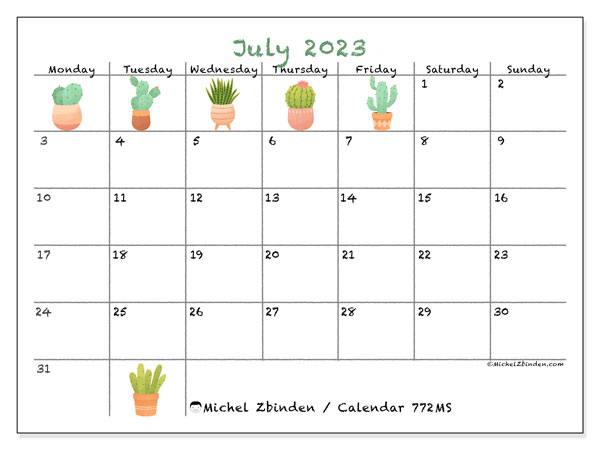 Printable calendar, July 2023, 772MS