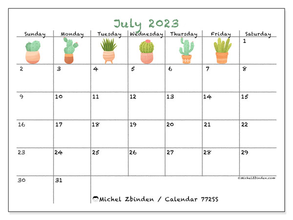Printable calendar, July 2023, 772SS