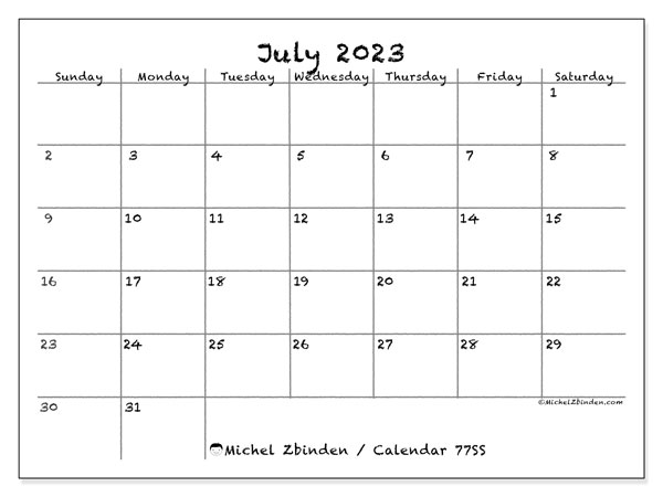 77SS, calendar July 2023, to print, free of charge.
