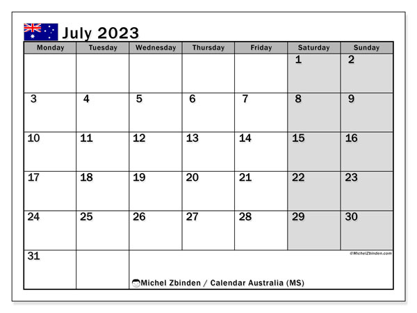 Kalender juli 2023, Australien (EN). Gratis kalender som kan skrivas ut.