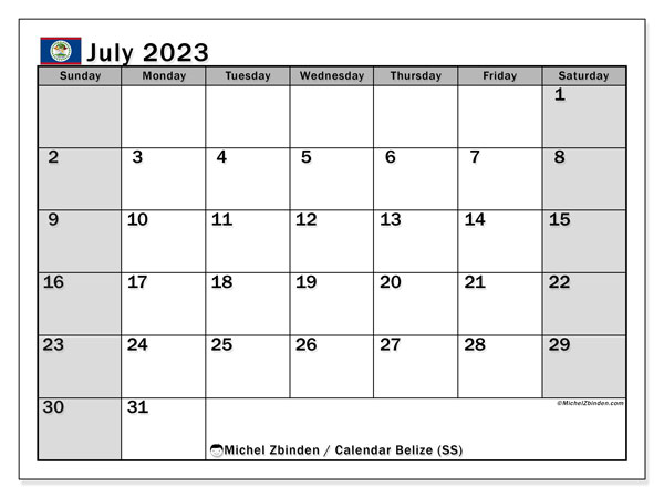 Printable calendar, July 2023, Belize (SS)